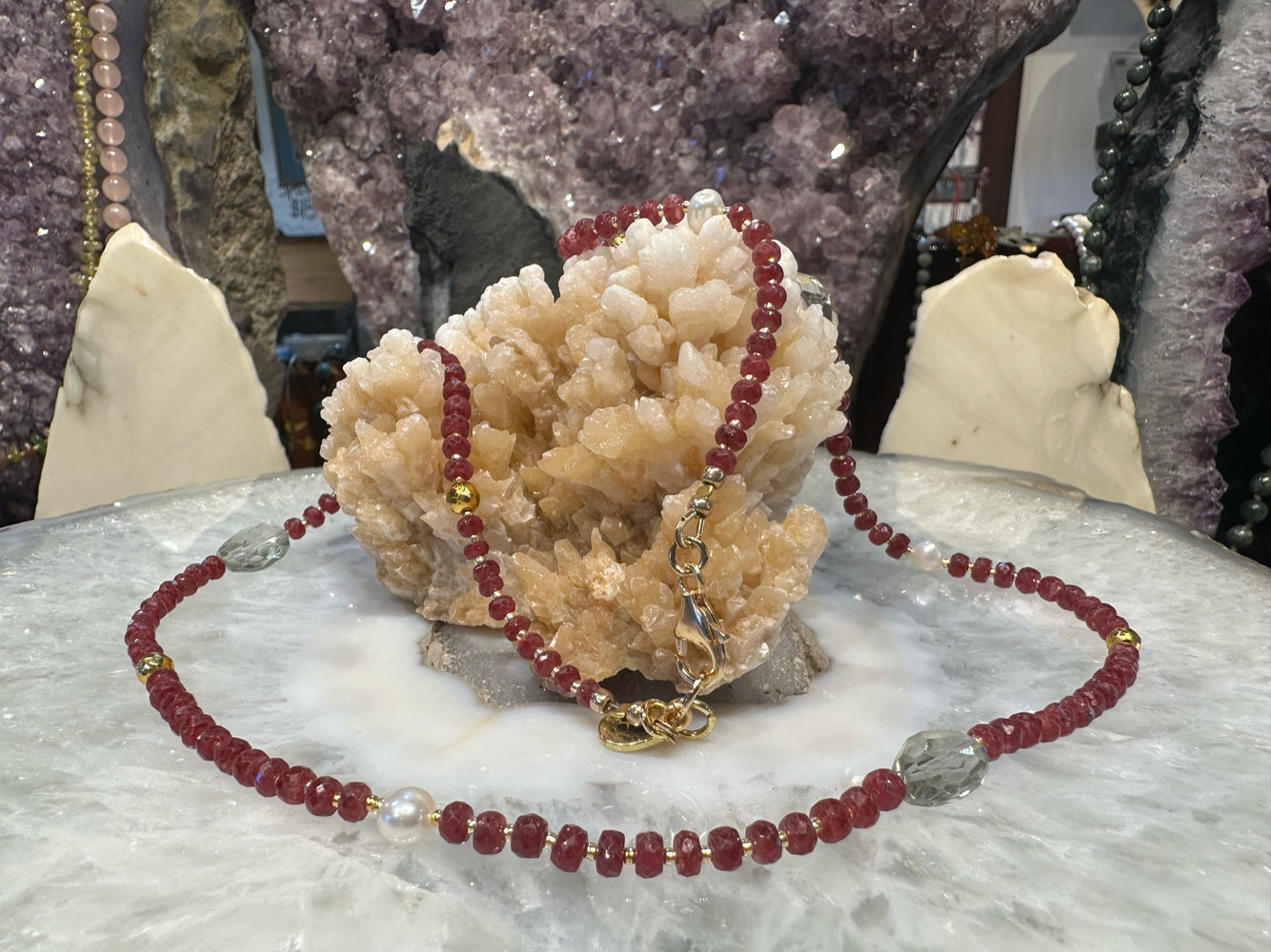 Beautiful Red Ruby Gemstone Necklace with Praisiolite, Pyrite & Freshwater Pearls