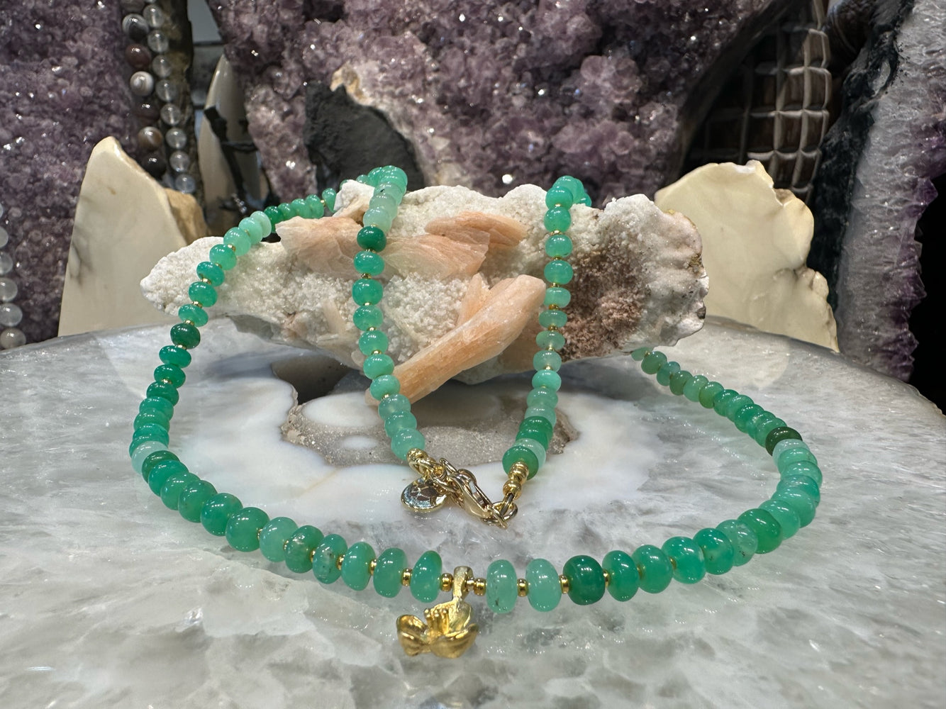 Natural Transparent Green Chrysoprase Rondelle Gemstone Necklace with Pyrite