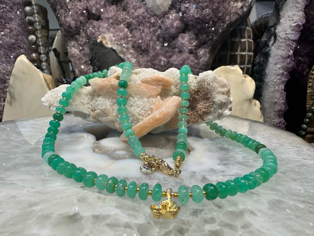 Natural Transparent Green Chrysoprase Rondelle Gemstone Necklace with Pyrite