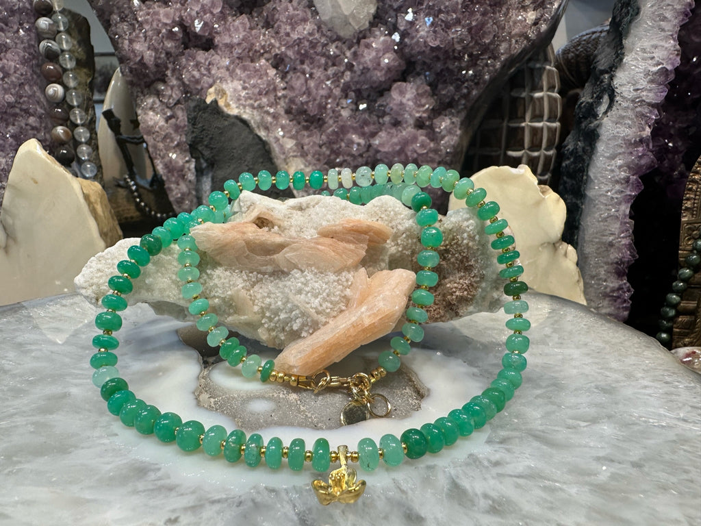 Natural Transparent Green Chrysoprase Rondelle Gemstone Necklace with Pyrite