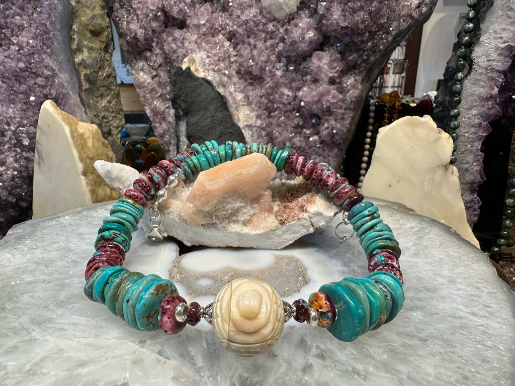 Beautiful Natural Turquoise, Purple Spiny Oyster Rondelle Gemstone Necklace