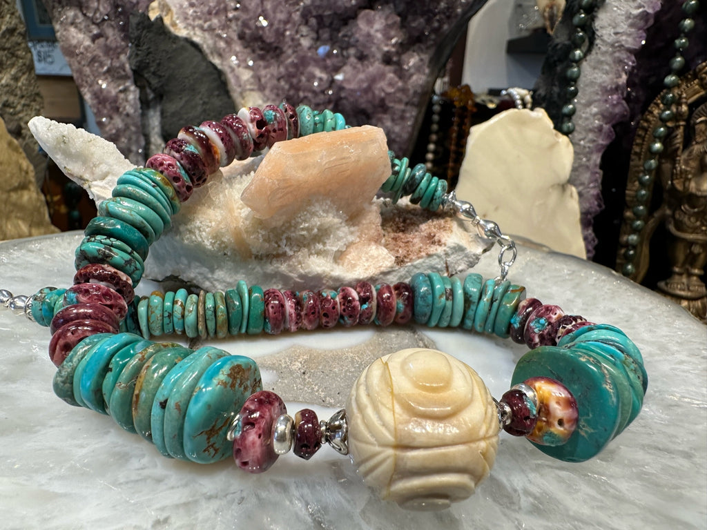 Beautiful Natural Turquoise, Purple Spiny Oyster Rondelle Gemstone Necklace