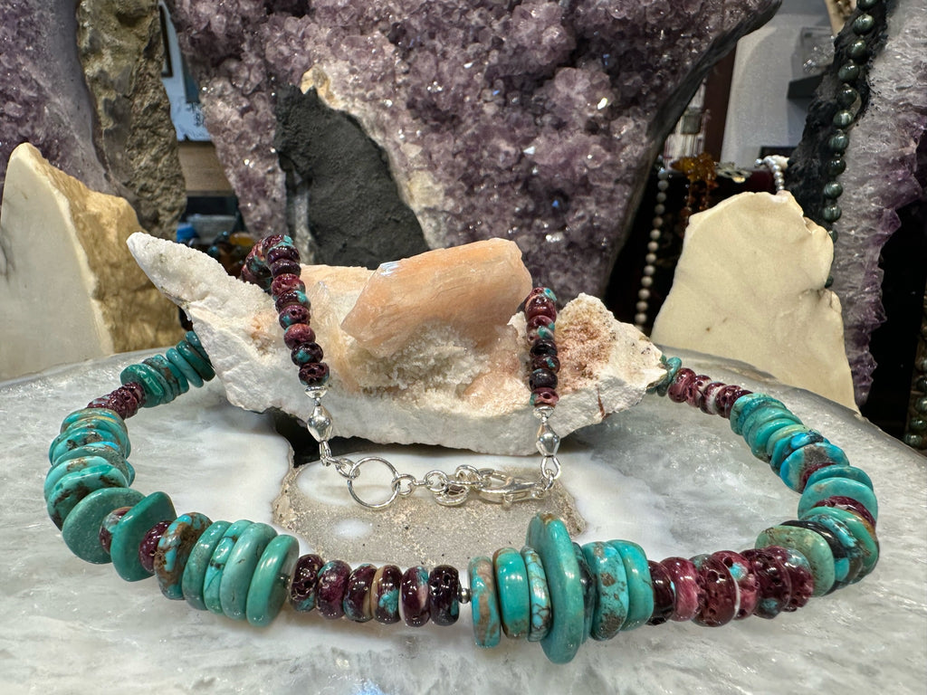 Beautiful Natural Turquoise, Purple Spiny Oyster Rondelle Gemstone Necklace #2