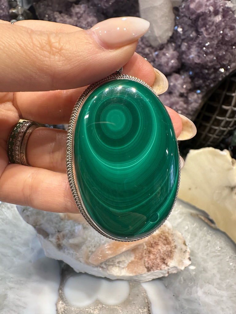 Handmade Natural Large Malachite & Sterling Silver Pendant