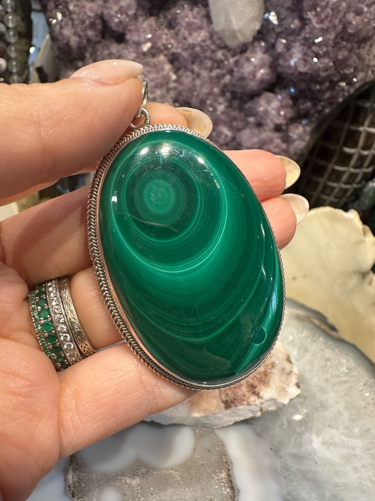 Handmade Natural Large Malachite & Sterling Silver Pendant