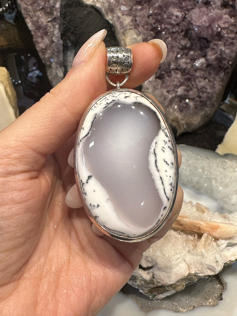 Large Handmade Natural Rare White Dendrite Agate & Sterling Silver Pendant