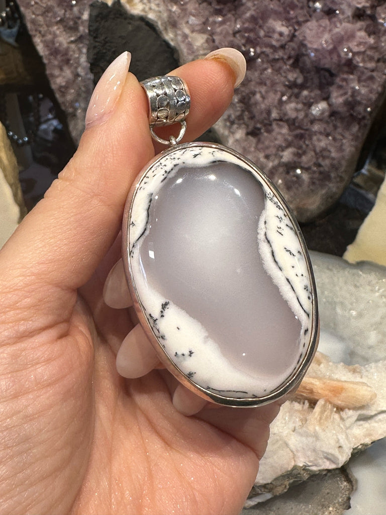 Large Handmade Natural Rare White Dendrite Agate & Sterling Silver Pendant