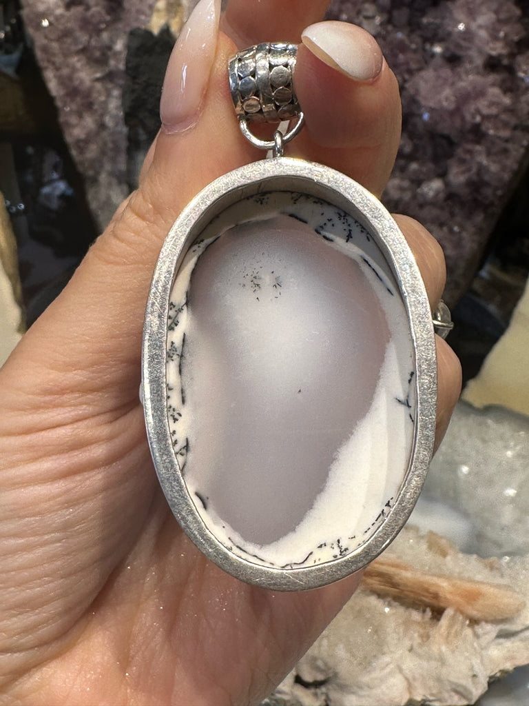 Large Handmade Natural Rare White Dendrite Agate & Sterling Silver Pendant