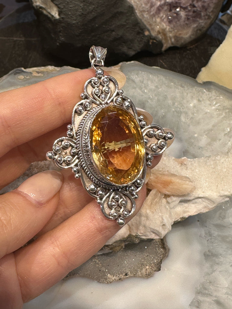 Handmade Natural Large Gemstone Cut Citrine & Sterling Silver Pendant