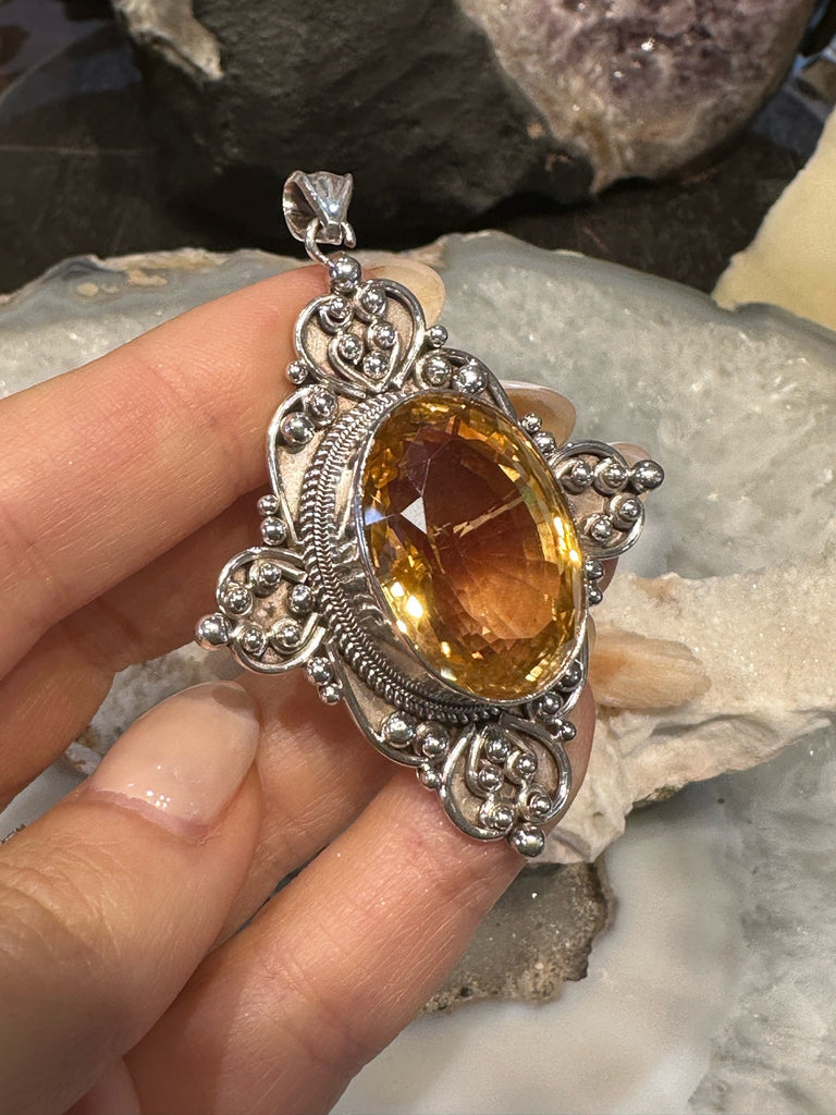 Handmade Natural Large Gemstone Cut Citrine & Sterling Silver Pendant