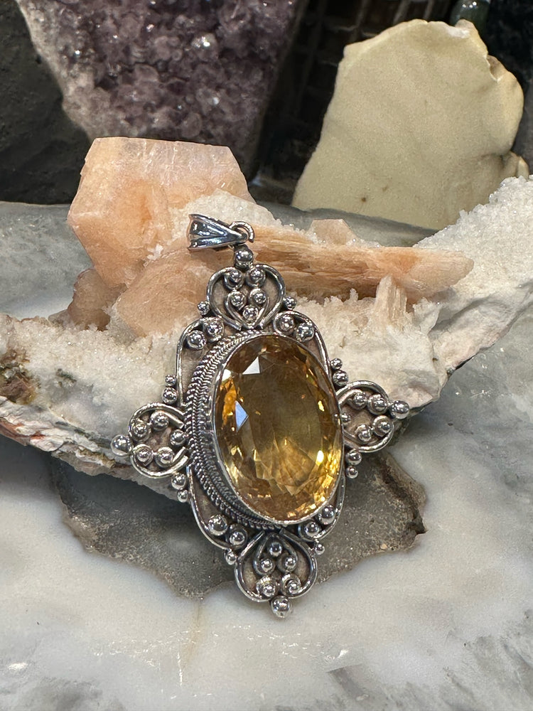 Handmade Natural Large Gemstone Cut Citrine & Sterling Silver Pendant