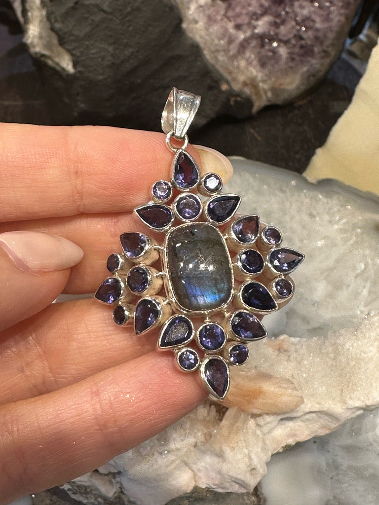 Exquisite Handmade Gemstone Cut Iolites and Labradorite Sterling Silver Pendant