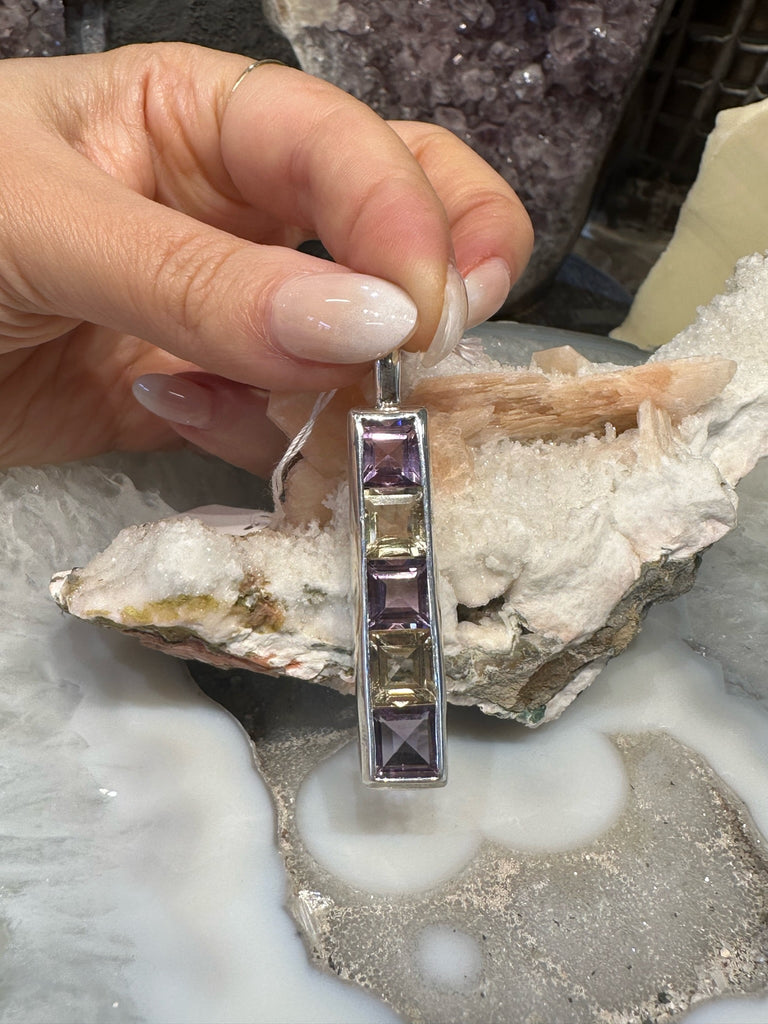 Exquisite Handmade Gemstone Cut Amethyst & Citrine Sterling Silver Pendant