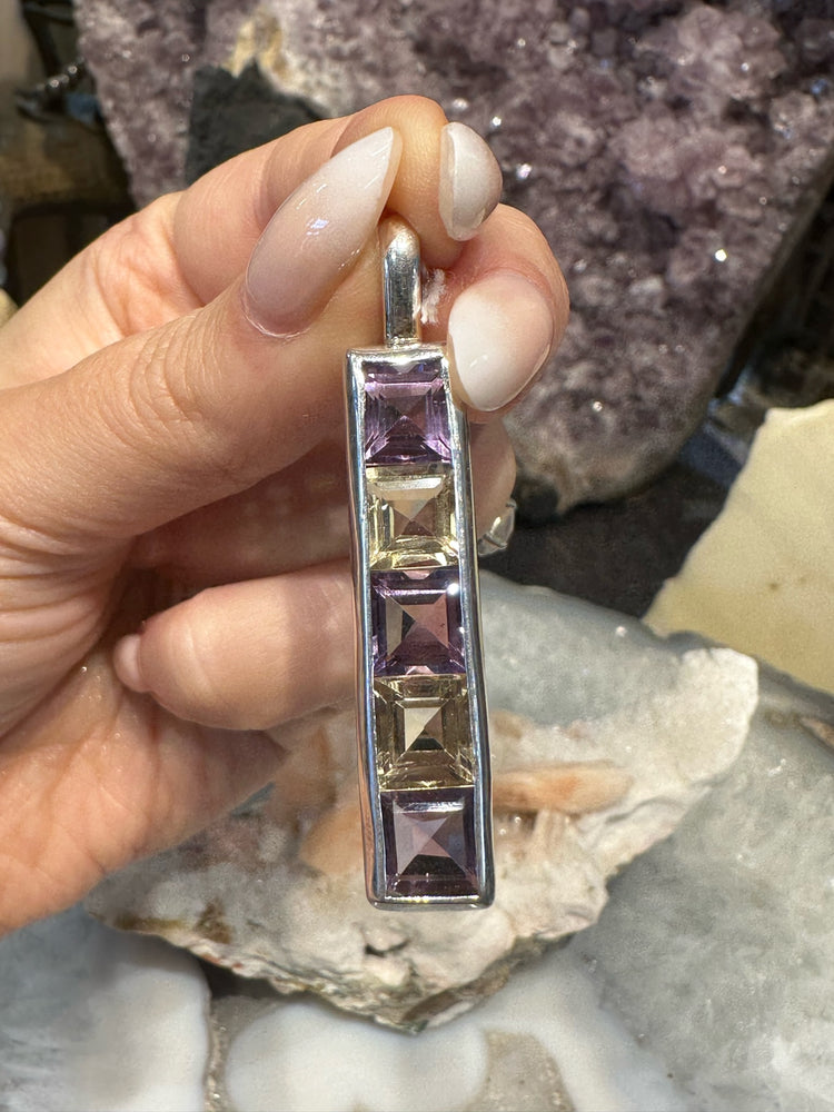 Exquisite Handmade Gemstone Cut Amethyst & Citrine Sterling Silver Pendant