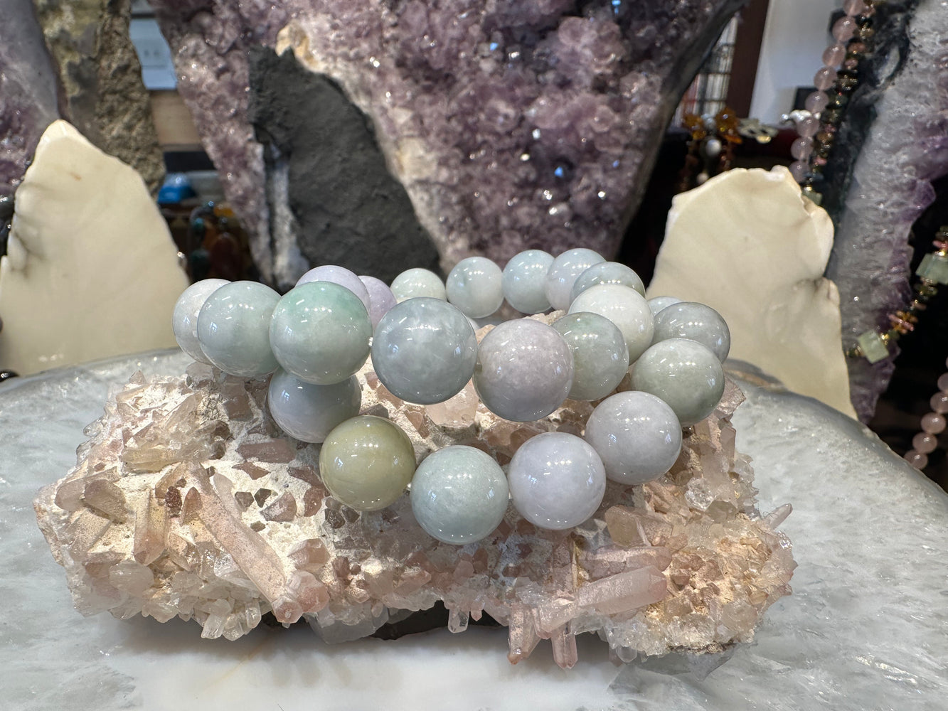 Lavender green Burma jadeite jade 11mm gemstone bracelet