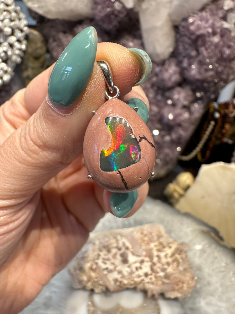 Mexican fire opal galaxy sterling pendant