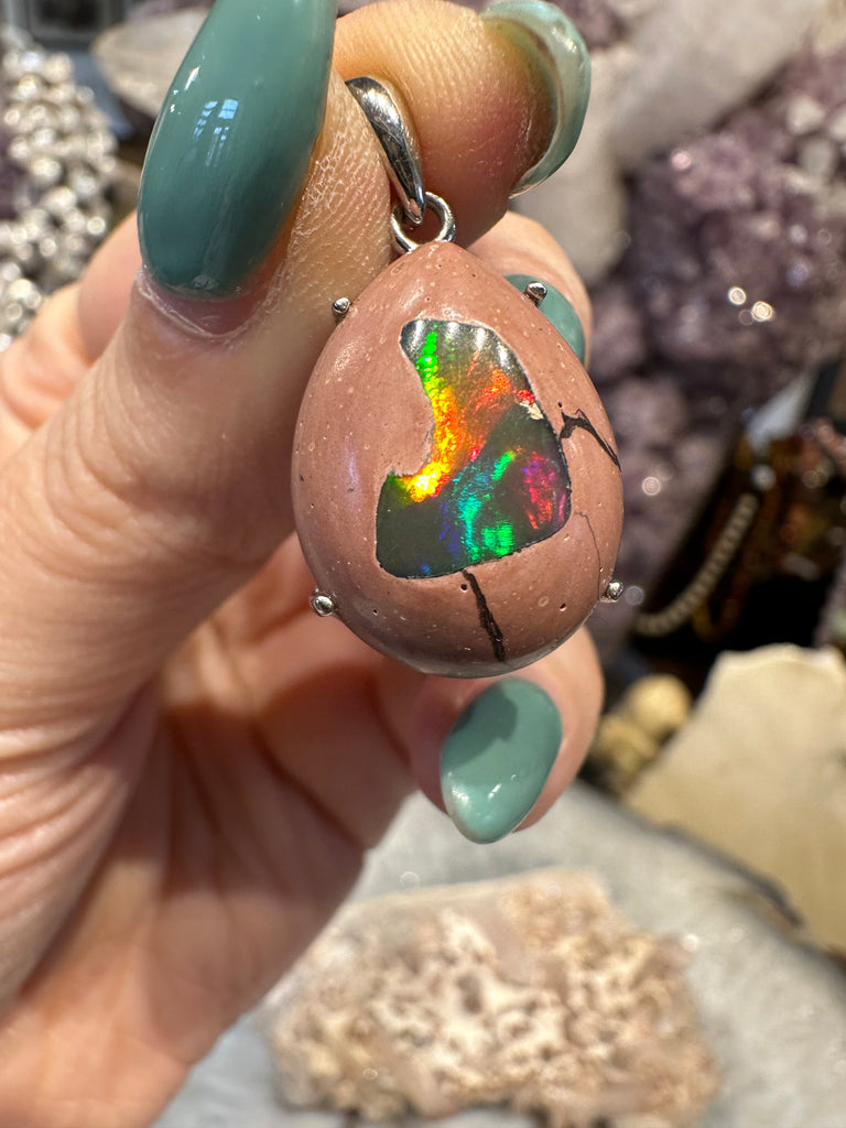 Mexican fire opal galaxy sterling pendant