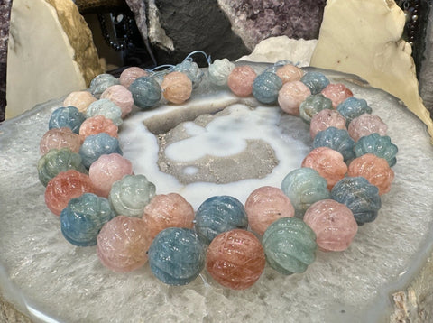 19mm Blue Aquamarine and Pink Morganite Mixed beryl carved melonball gemstone beads