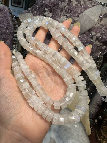 Fancy White Moonstone with Blue Flash Step Cut Gemstone Beads